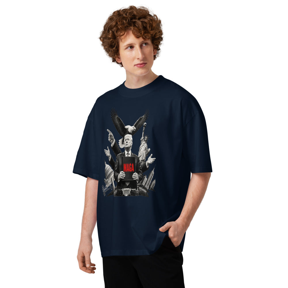 Man wearing navy Trump oversized high neck t-shirt with MAGA eagle and Trump graphic