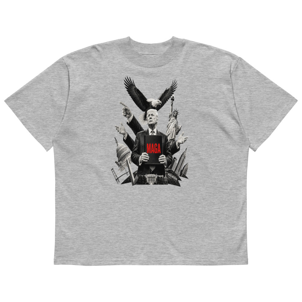 Heather gray Trump oversized high neck t-shirt with MAGA eagle and Trump print, flat front
