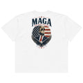 White MAGA oversized high neck t-shirt, back print of Trump with eagle and flag