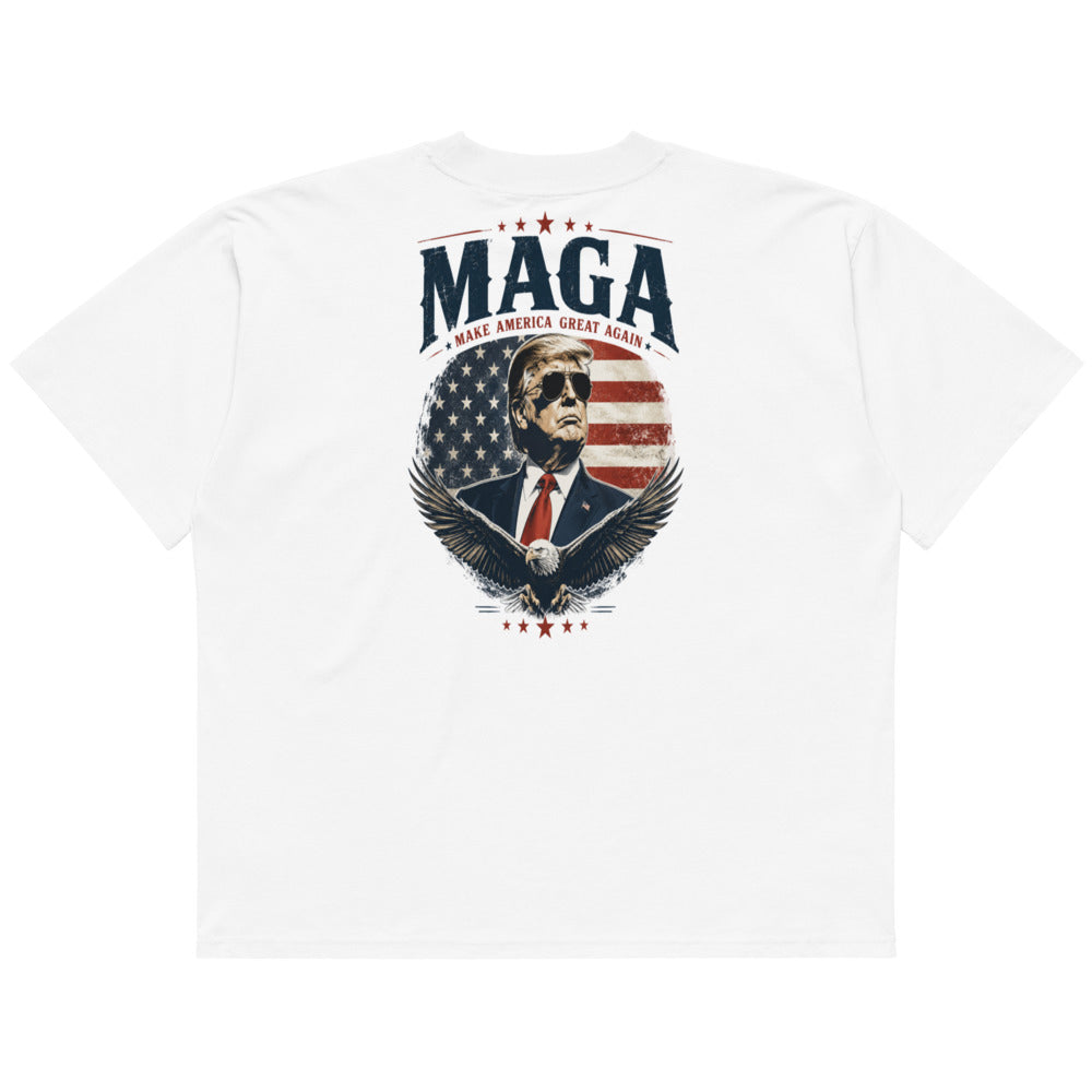 White MAGA oversized high neck t-shirt, back print of Trump with eagle and flag