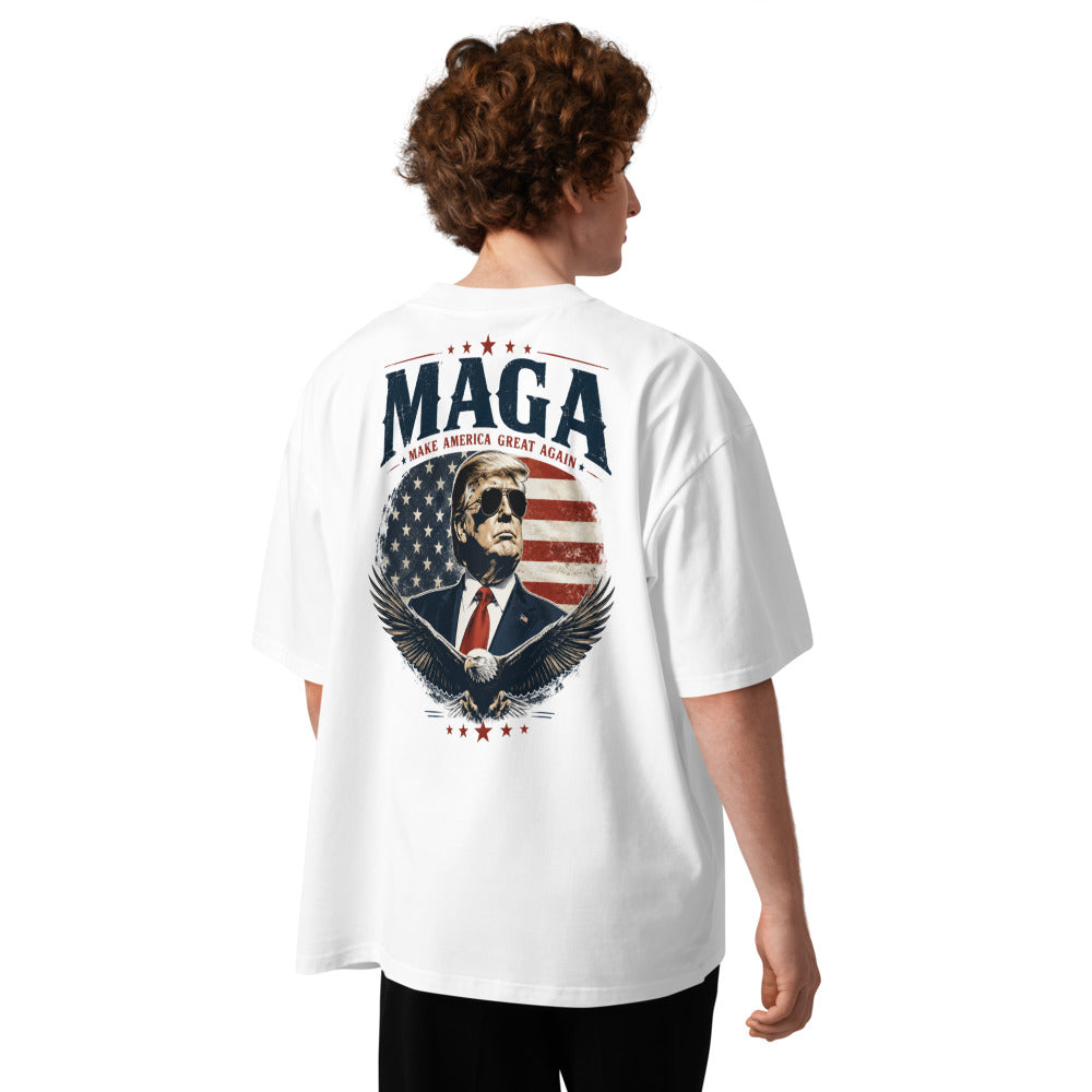 Man wearing white MAGA oversized high neck tee, back Trump eagle print