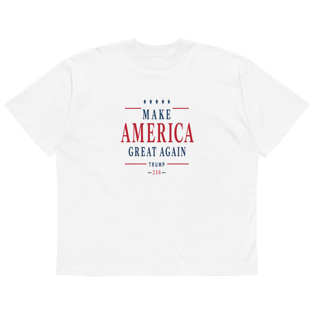 White MAGA 250 oversized high neck t-shirt, front, Make America Great Again Trump 250 print