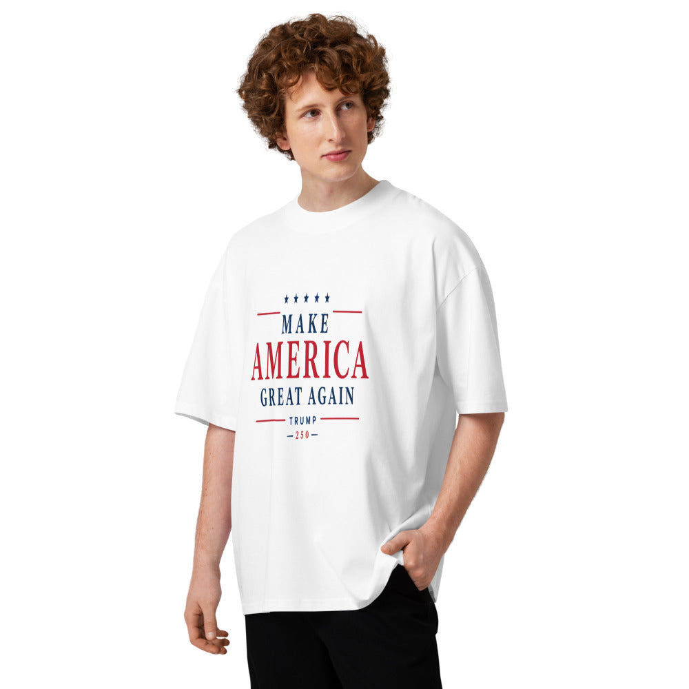 Man wearing white MAGA 250 oversized high neck t-shirt, front view