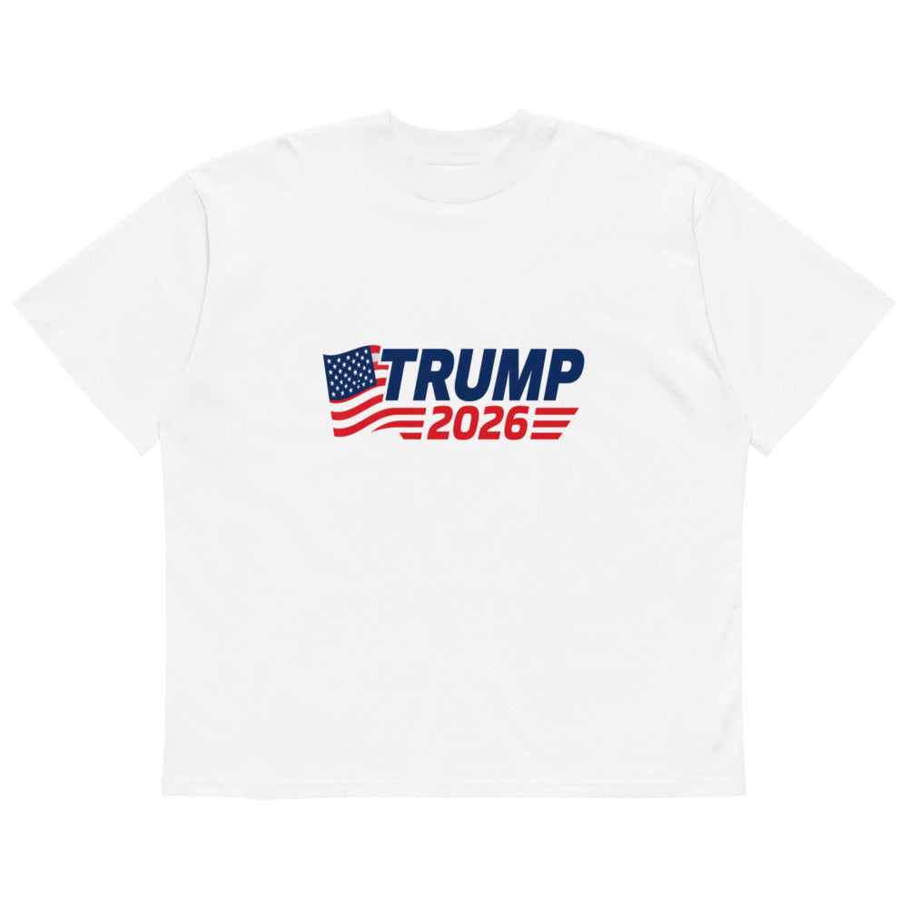 White TRUMP 2026 oversized high neck t-shirt, front flag and text print