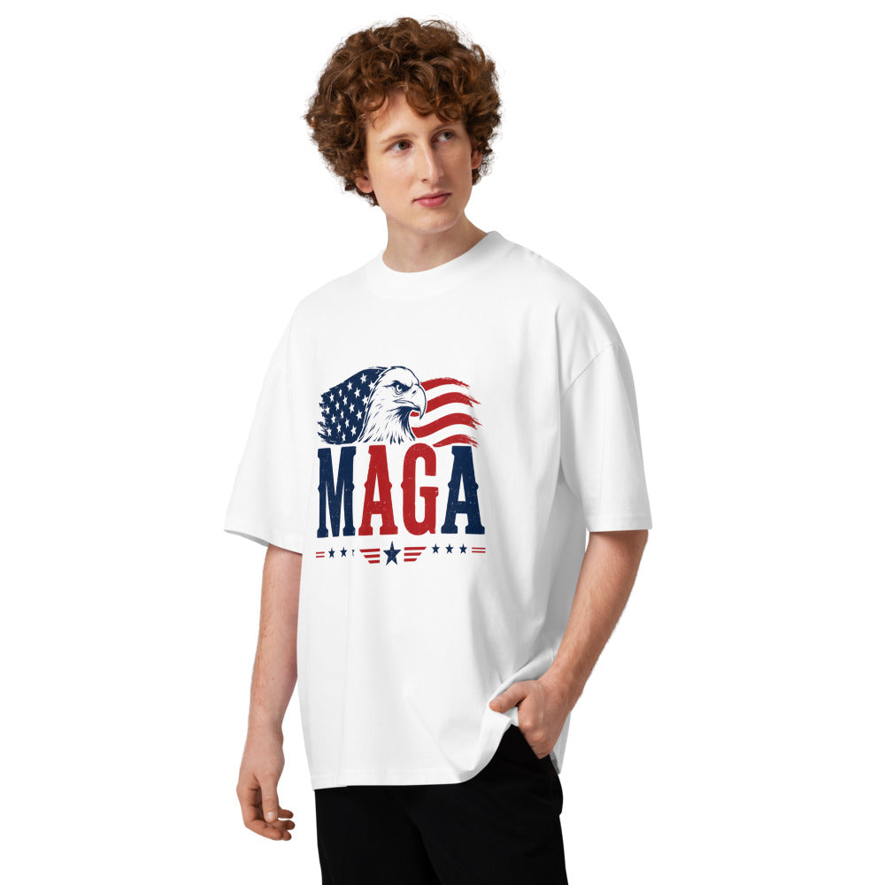 Man wearing white Eagle MAGA oversized high neck t-shirt with eagle and flag design