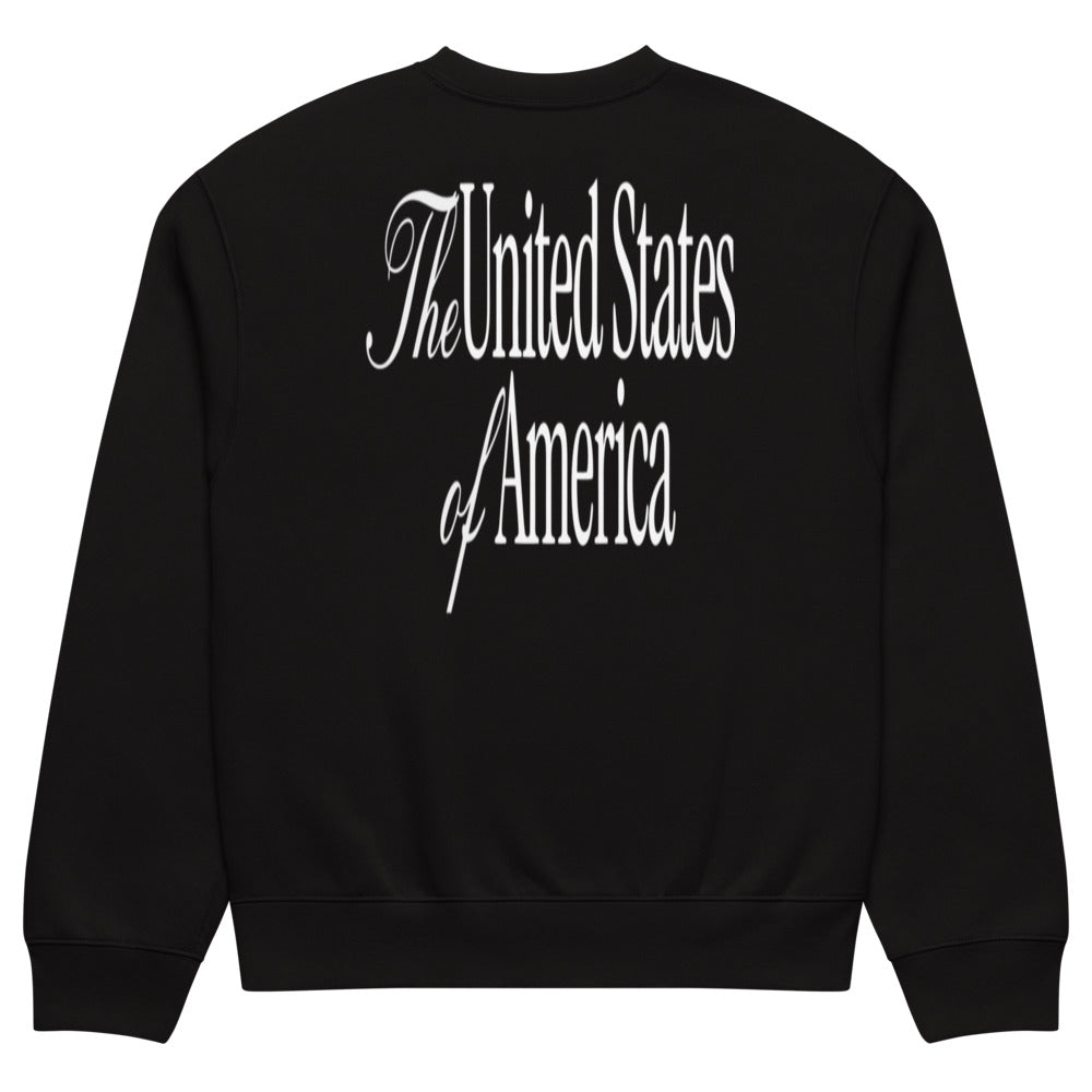 Black oversized heavyweight sweatshirt, back print of The United States of America in white script