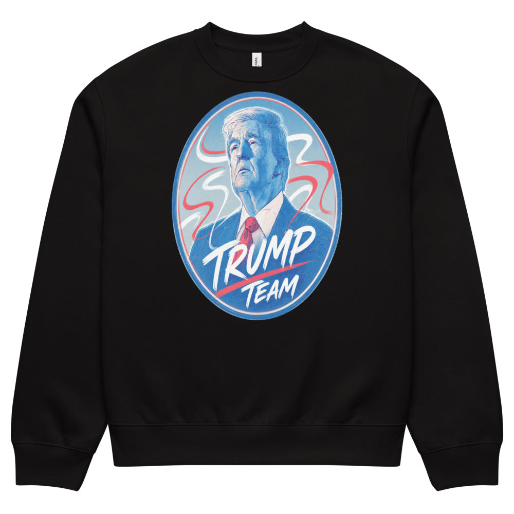 Black TRUMP TEAM oversized sweatshirt, front oval design of Trump in blue tones