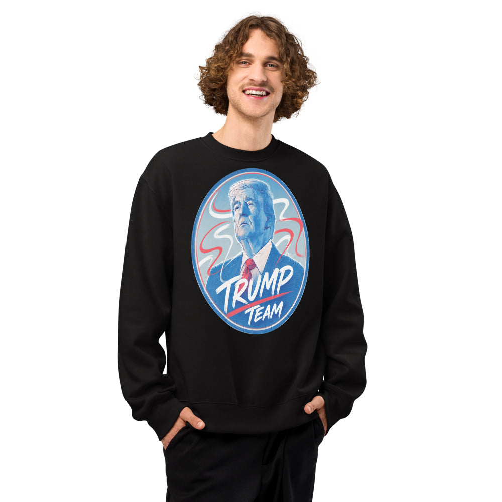 Man wearing black TRUMP TEAM oversized sweatshirt with blue Trump oval front print