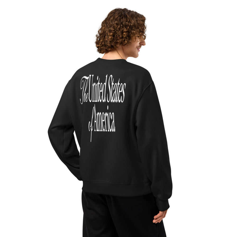 Man wearing vintage black sweatshirt, back showing The United States of America print