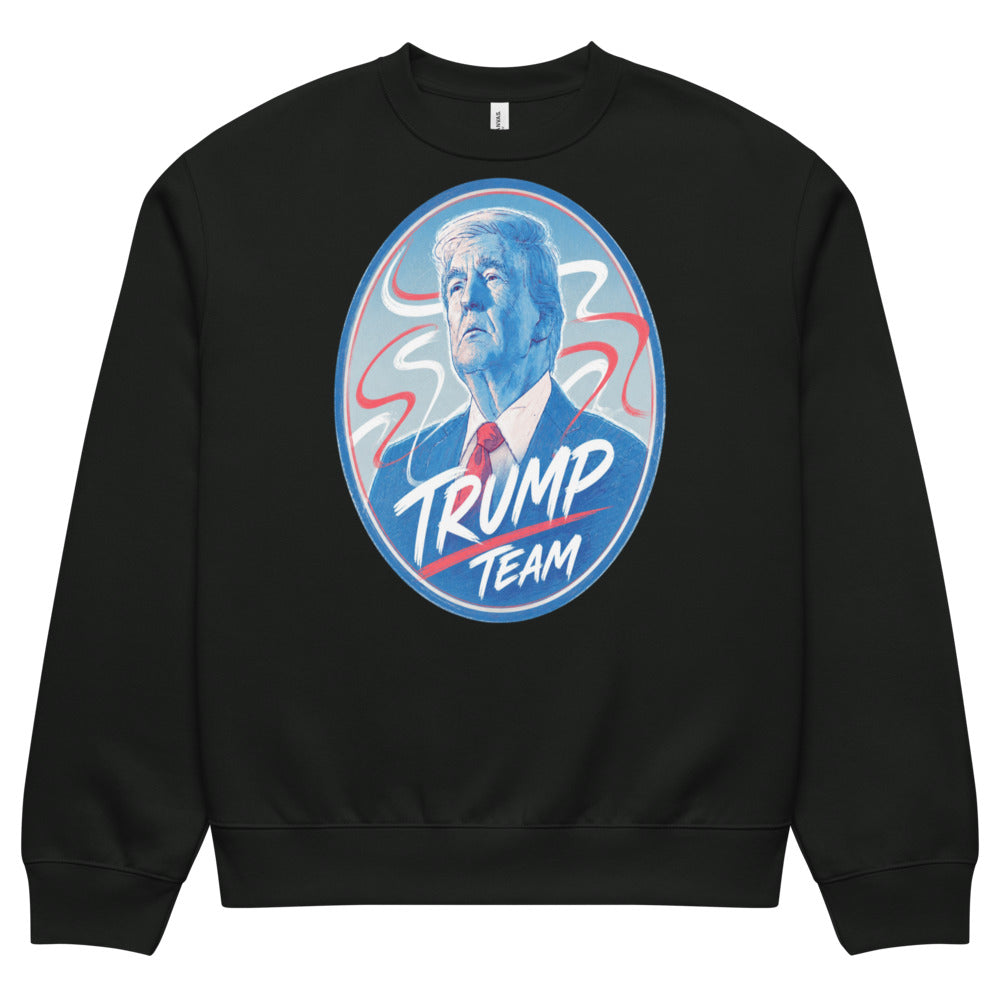Vintage black TRUMP TEAM sweatshirt, front oval design of Trump in blue tones