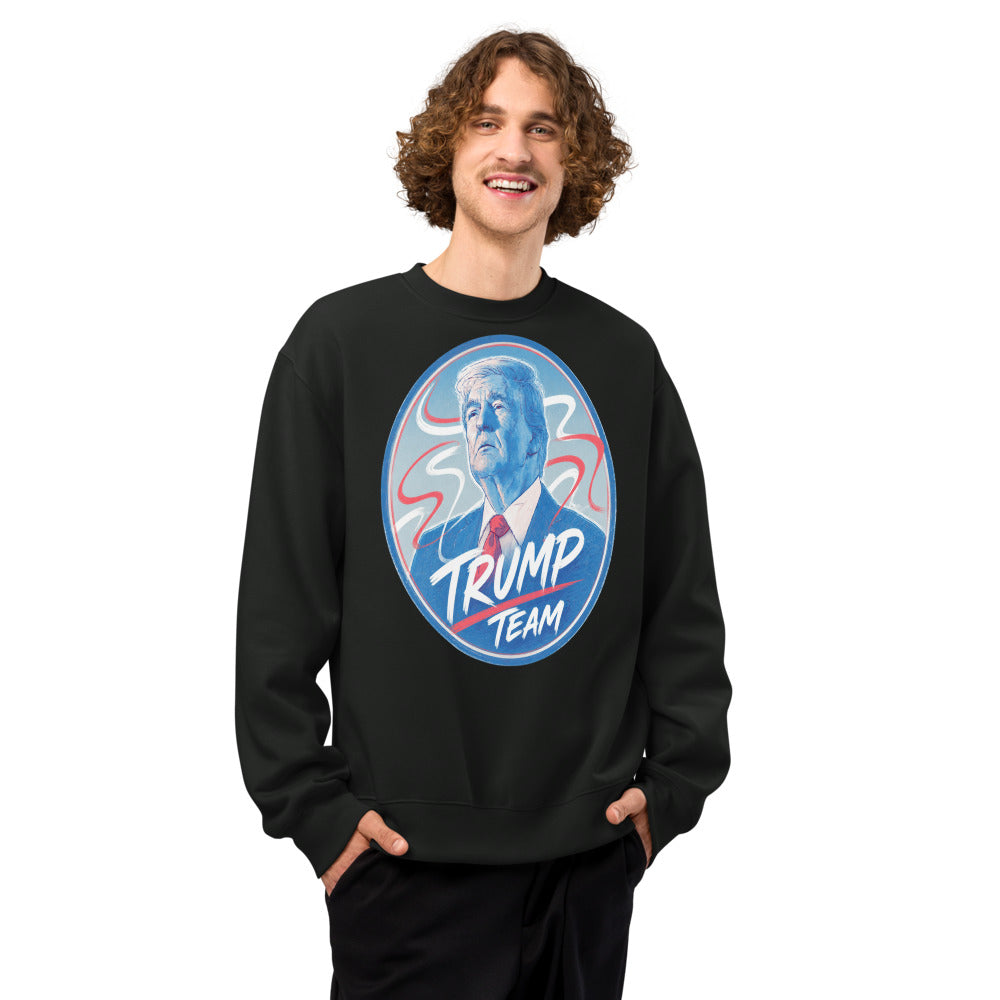 Man wearing vintage black TRUMP TEAM sweatshirt with blue Trump oval front print