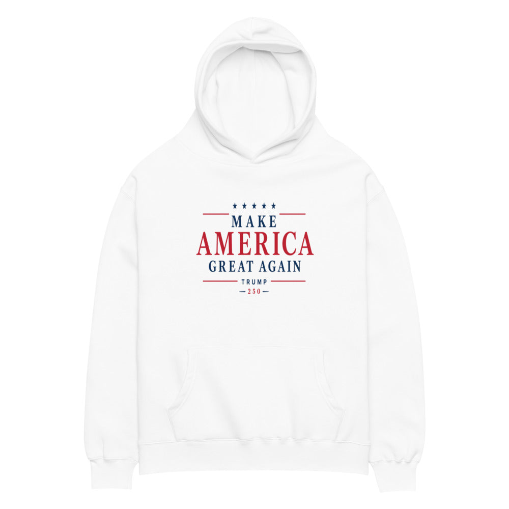 White MAGA 250 oversized hoodie with Make America Great Again Trump 250 print, front