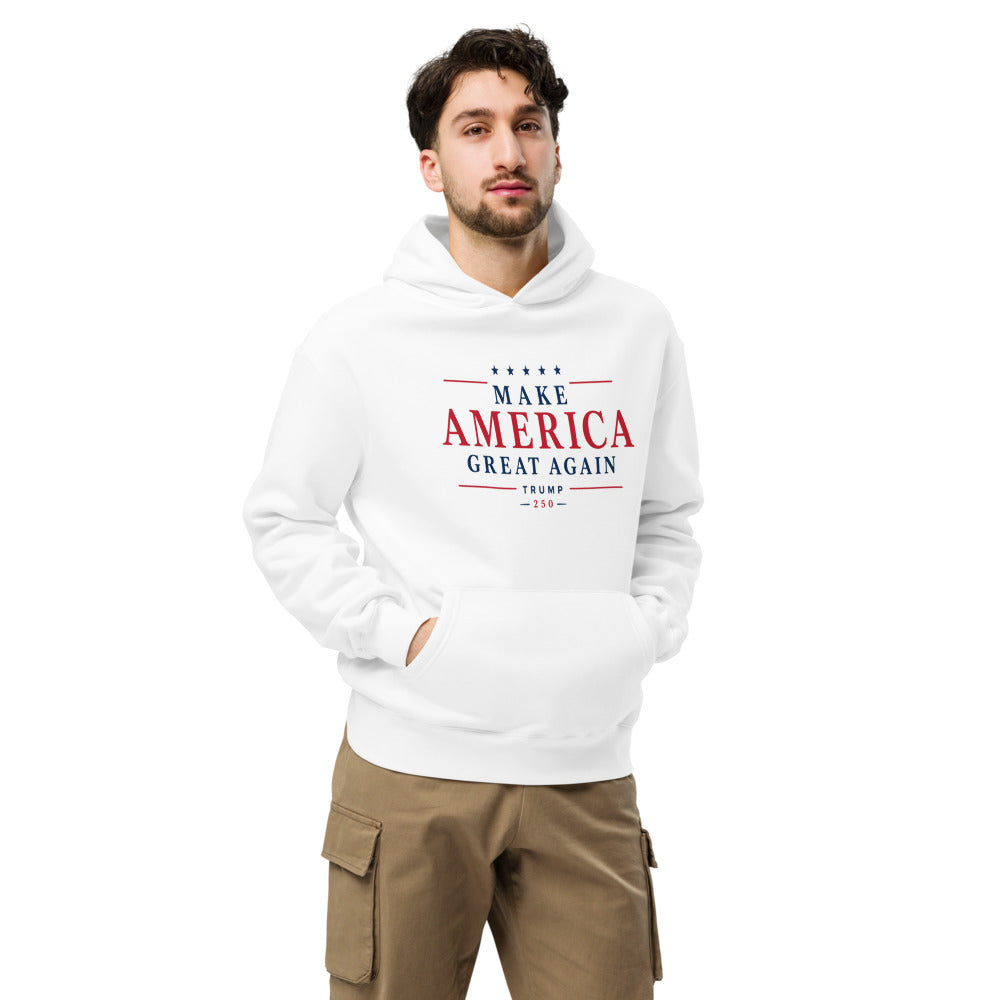 Man wearing white MAGA 250 oversized hoodie with Make America Great Again Trump 250 print