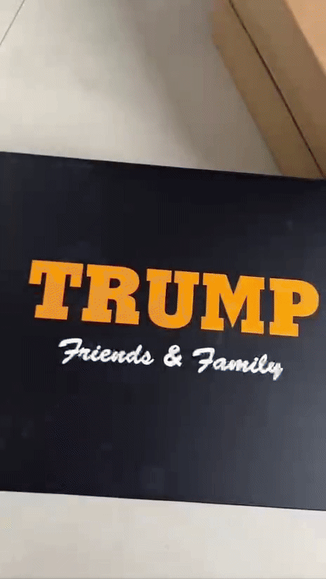 Black Trump Friends and Family sneaker box with gold and white lettering